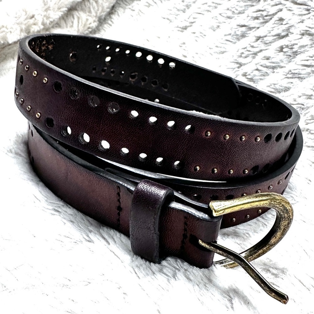 PERFORATED BROWN LEATHER 1 “ WIDE  TINY STUDS CASUAL DRESS WOMEN'S BELT, XL